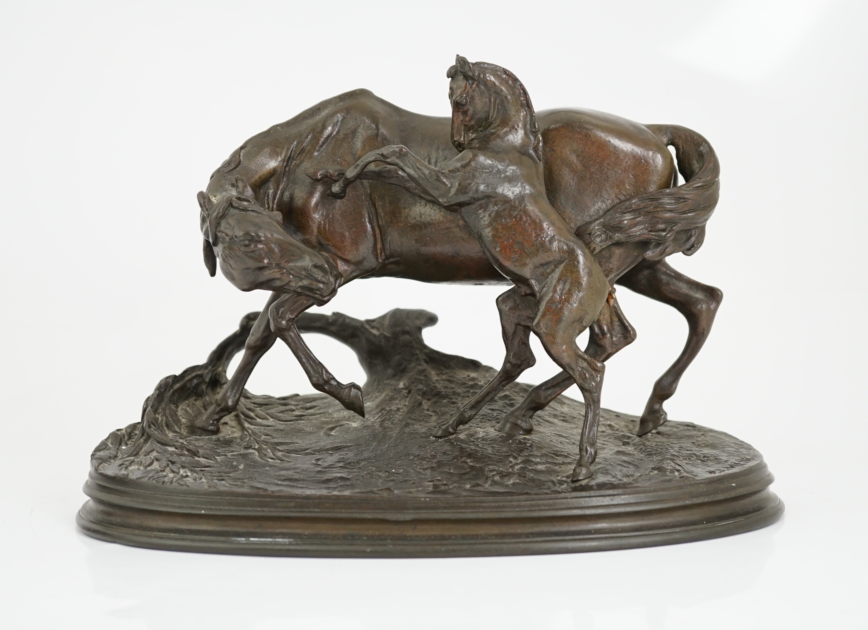 Pierre-Jules Mêne (French, 1810-1871), a 19th century French bronze group 'Jument Et Son Poulain', 26.5cm wide, 12.5cm deep, 17cm high